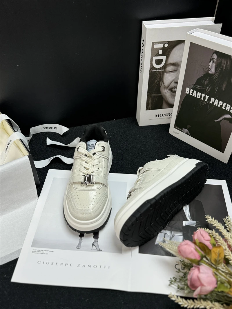 【LSN/璐诗娜 】白鹿同款丨牛皮拼接爆裂纹厚底增高时尚白板鞋