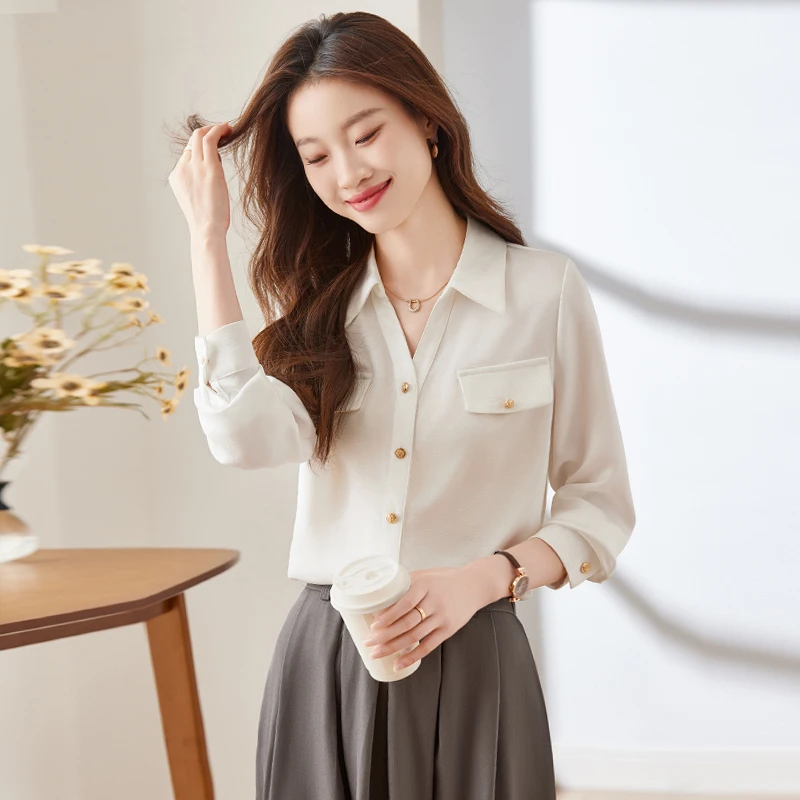 Q125春秋新款气质洋气衬衫女士百搭V领衬衣