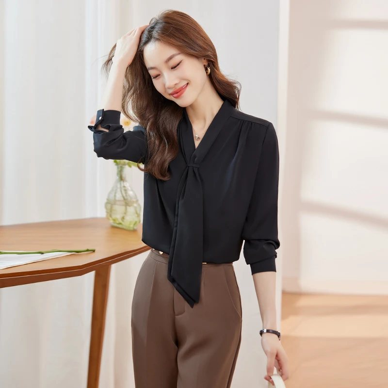 Q6902新款长袖衬衫百搭小众洋气衬衣时尚春秋宽松韩版黑色春季