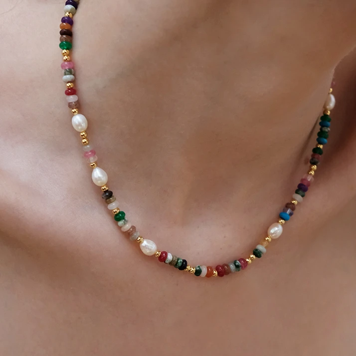 铜合金仿珍珠项链 春夏新款彩色串珠石头项链 个性叠戴锁骨链N075