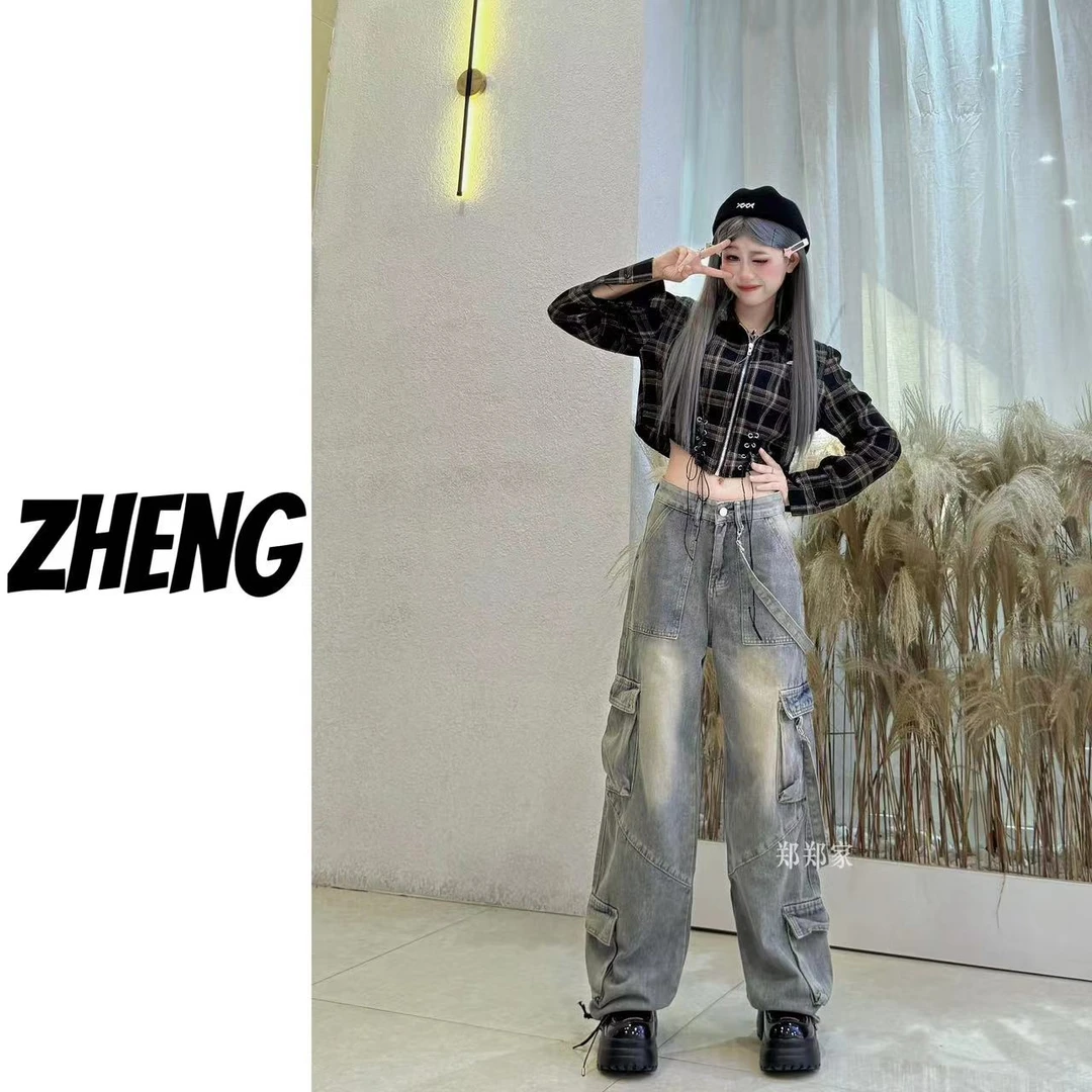 美式复古水洗做旧工装牛仔裤女显瘦直筒高腰小众宽松街头阔腿裤