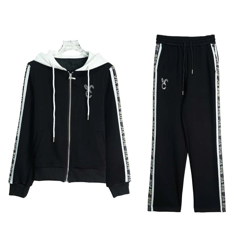 X2557【上新】烫钻字母加绒加厚连帽卫衣外套休闲裤套装3D显瘦