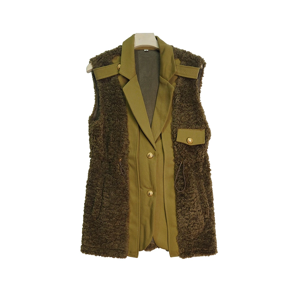 X21066【冬季新款】时尚咖色西装领拼接抽绳收腰显瘦马甲