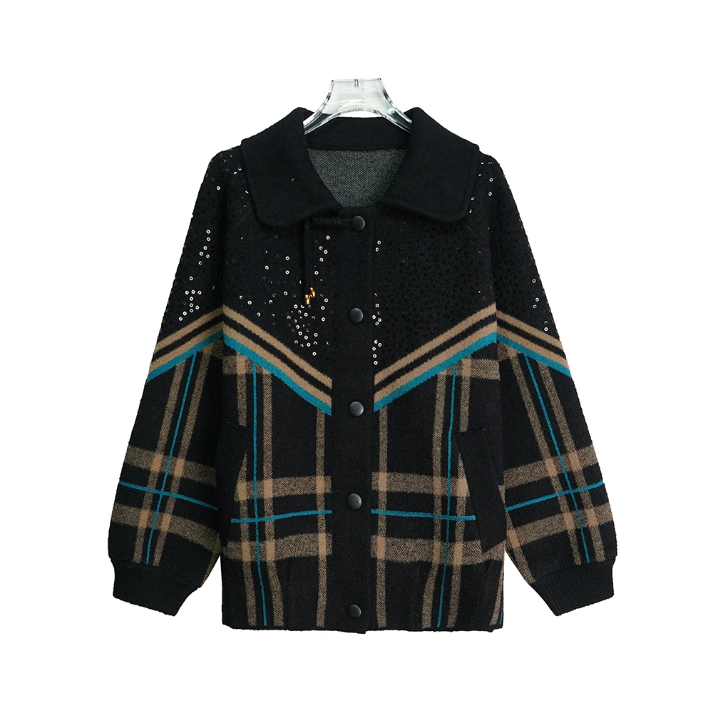 X24511【上新】设计感亮片拼接polo领宽松时尚外套3Q