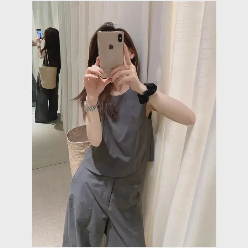 休闲韩系夏季新款两件套短款上衣高腰阔腿裤时尚显瘦气质小众