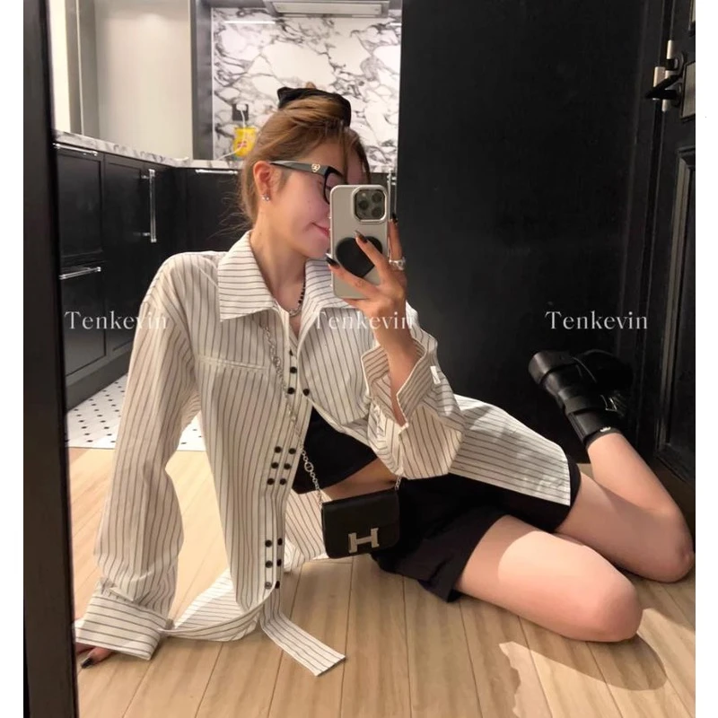 别致双排纽扣春秋显瘦日系白色条纹衬衫女小个子休闲宽松衬衣外套