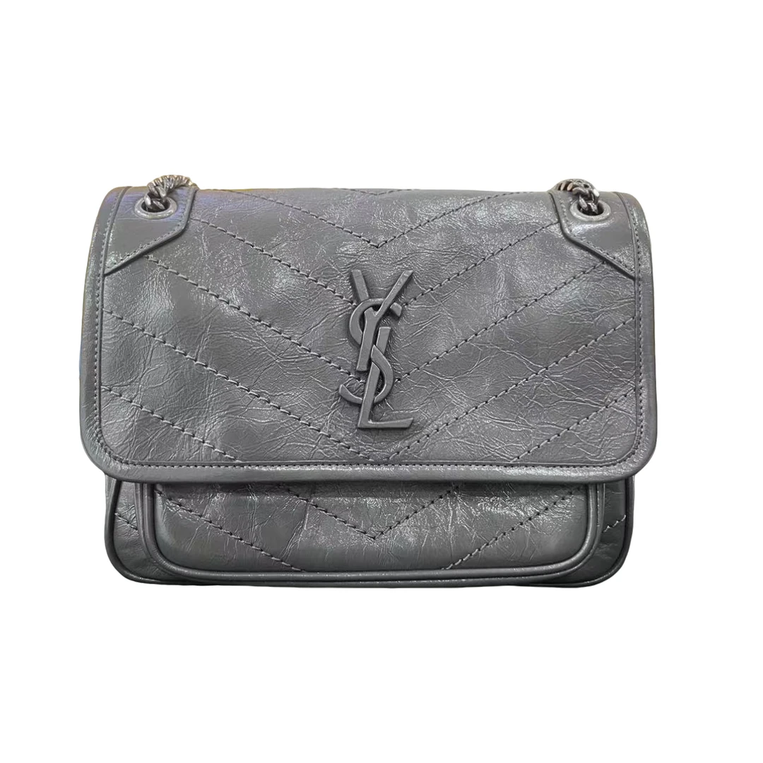 95新 YSL/圣罗兰 安洁利 圣罗兰大象灰中号银链NIKI 单肩斜挎包