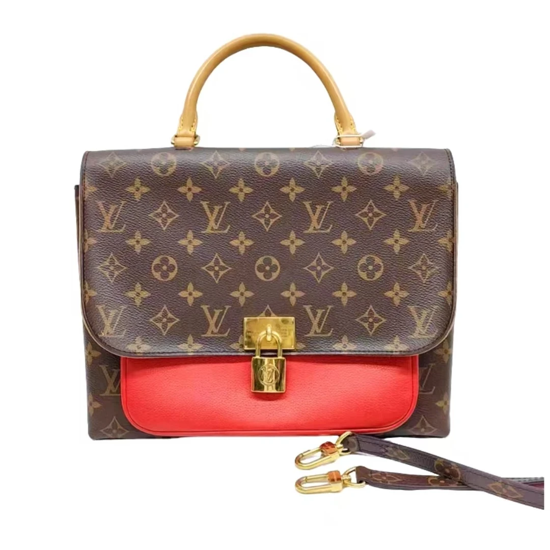 95新 LouisVuitton/路易威登 安洁利 LV中号老花拼红皮锁头邮差包