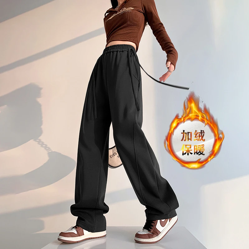 秋冬加厚绒卫裤美式运动裤女宽松直筒显瘦宽腿高腰休闲香蕉裤加绒