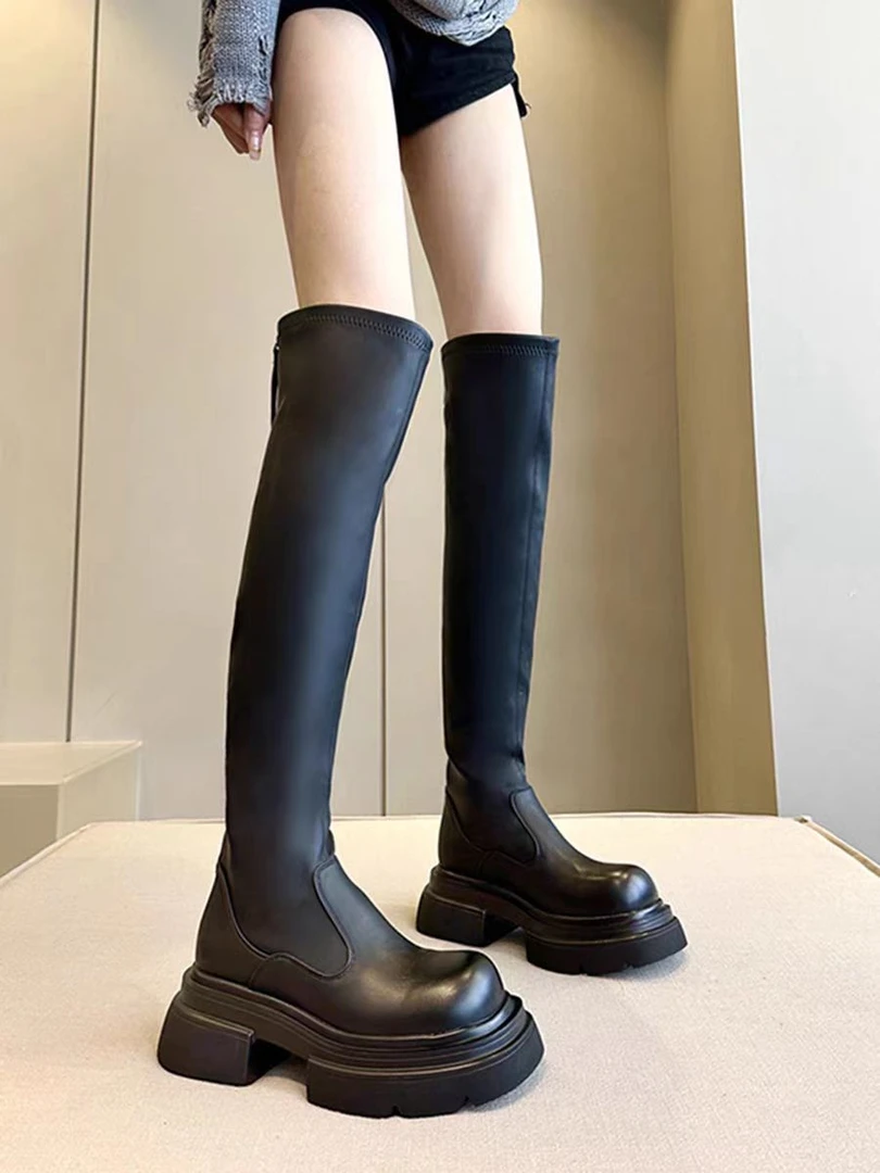 鳄鱼品牌2024英伦风方头真皮瘦瘦靴时尚百搭秋冬过膝小个子女靴
