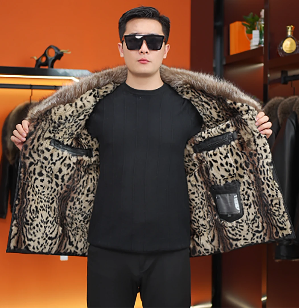 【宝佳龙】男士中长款绵羊皮大毛领翻领外套皮毛一体皮草男士皮衣