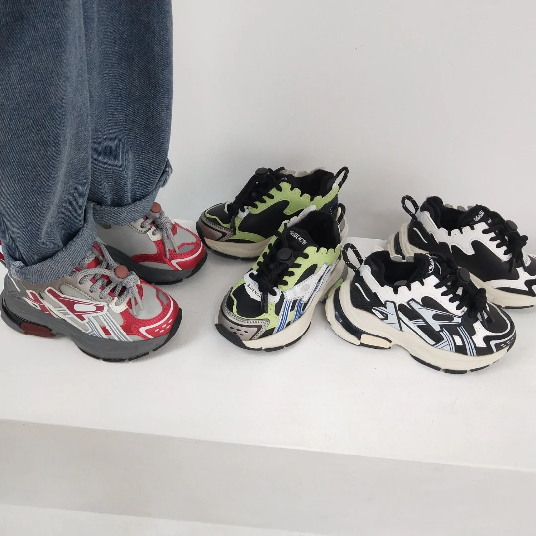 168531男女童厚底老爹鞋冬季复古儿童拼色休闲时尚加绒大童运动鞋