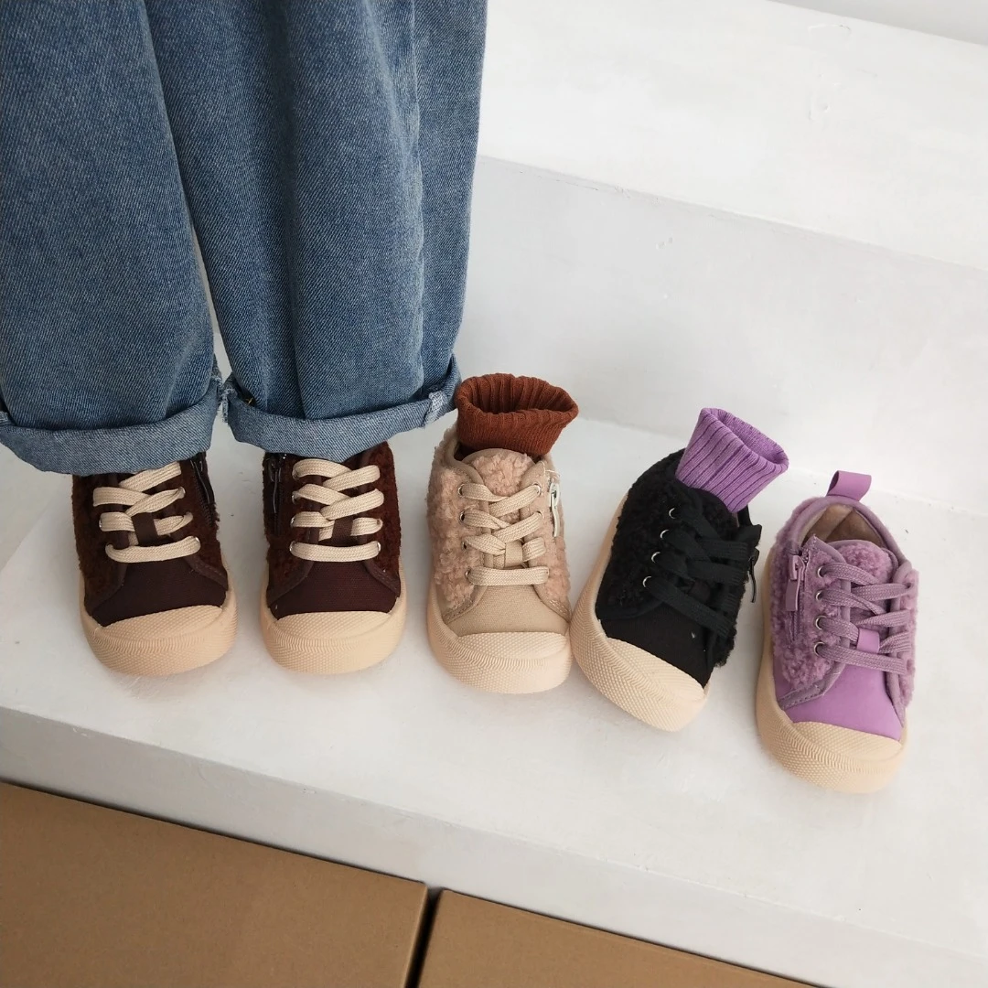 2111M秋冬新款男女童短绒毛边浅口侧拉链休闲板鞋幼儿园宝宝棉鞋