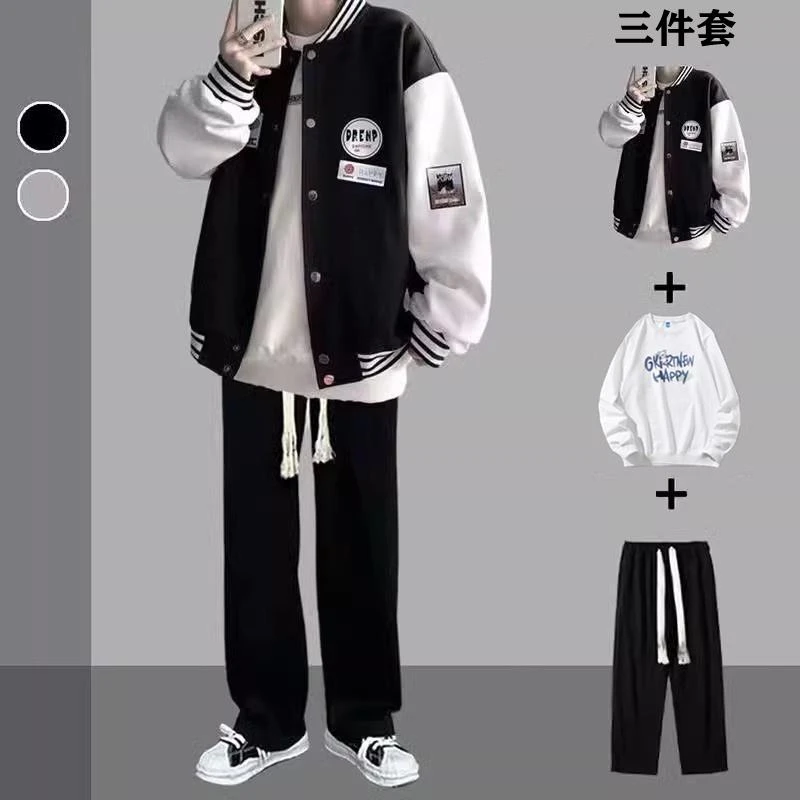 春秋季棒球服套装男港风夹克外套帅气ins潮流一套学生帅气三件套