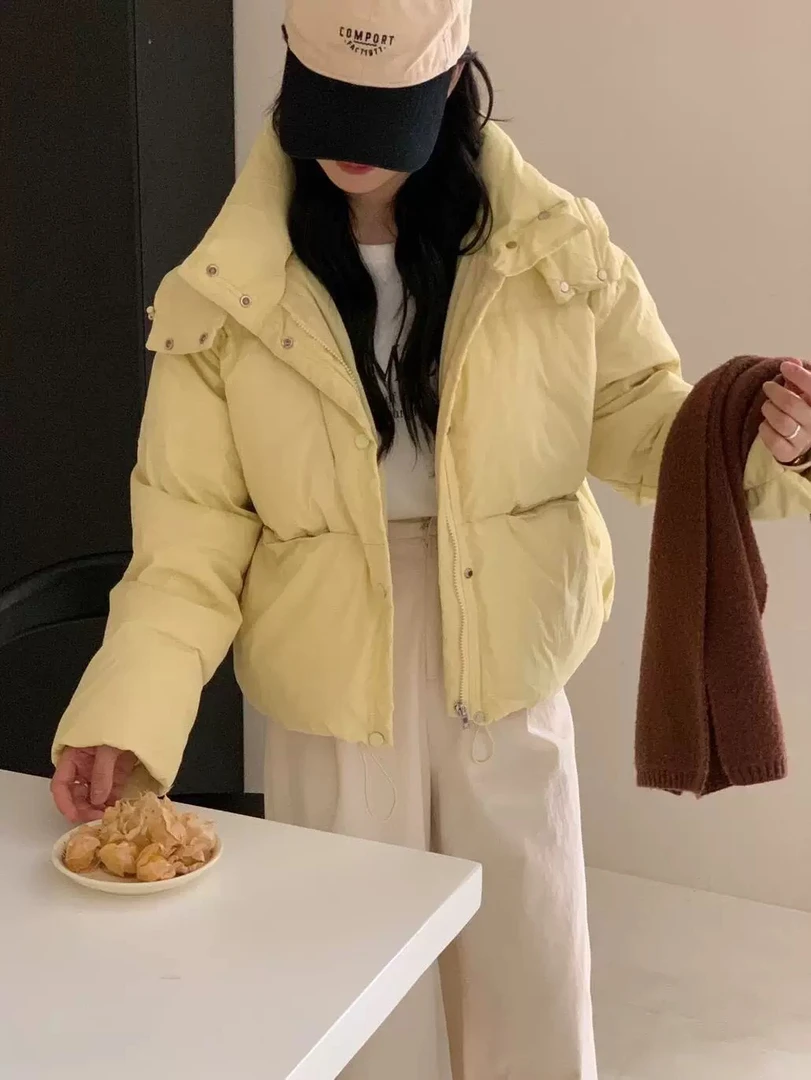 羽绒服女2024冬季韩版撞色圆领小个子面包服简约宽松短款保