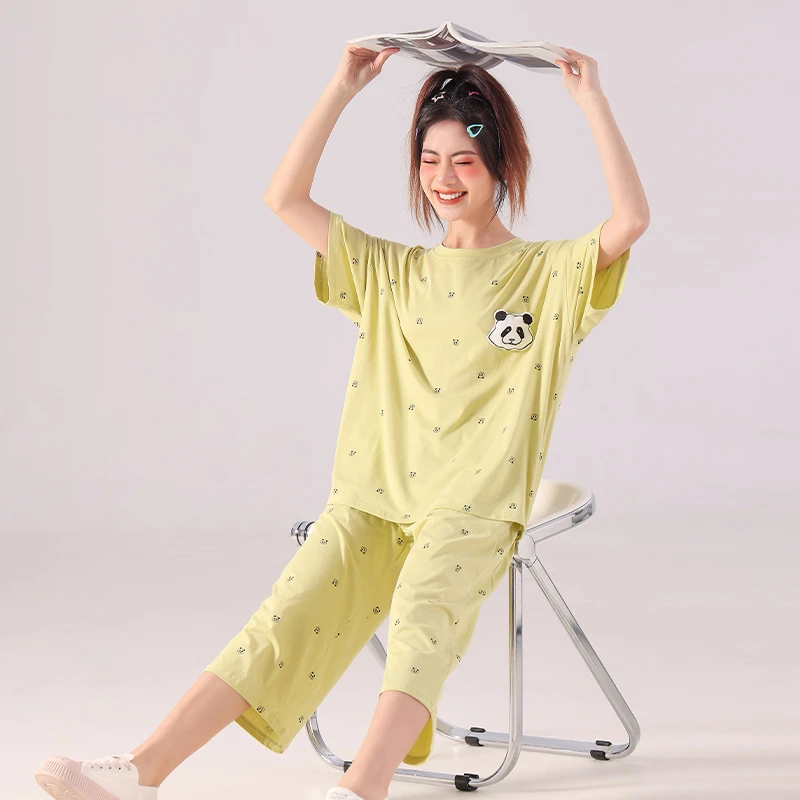 熊猫新款短袖七分裤套装家居服爽棉薄款宽松奶茶绿