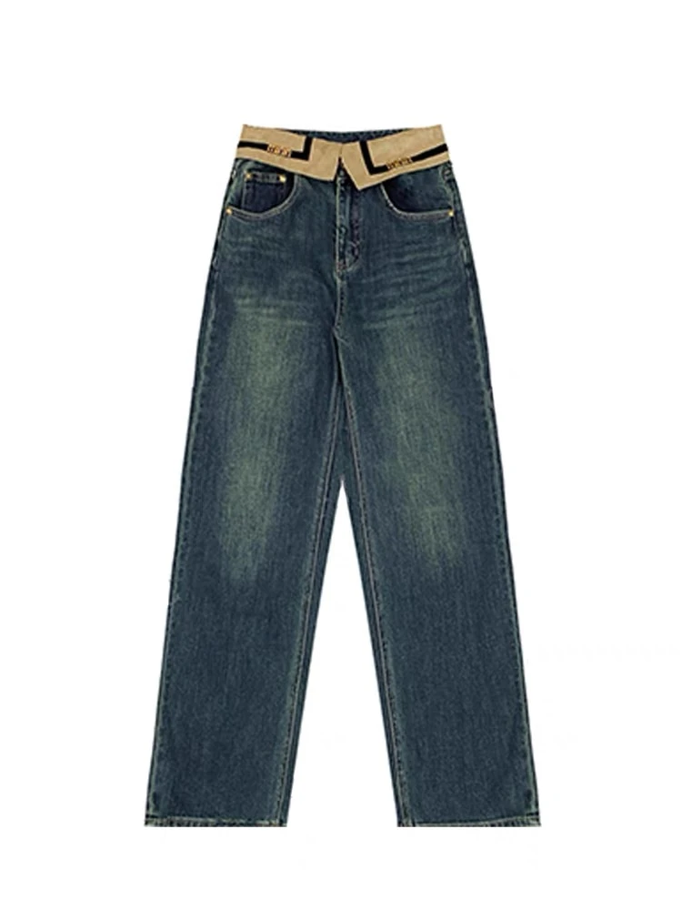 欧货复古做旧翻边直筒牛仔裤女春新款高腰显瘦显高阔腿裤K012