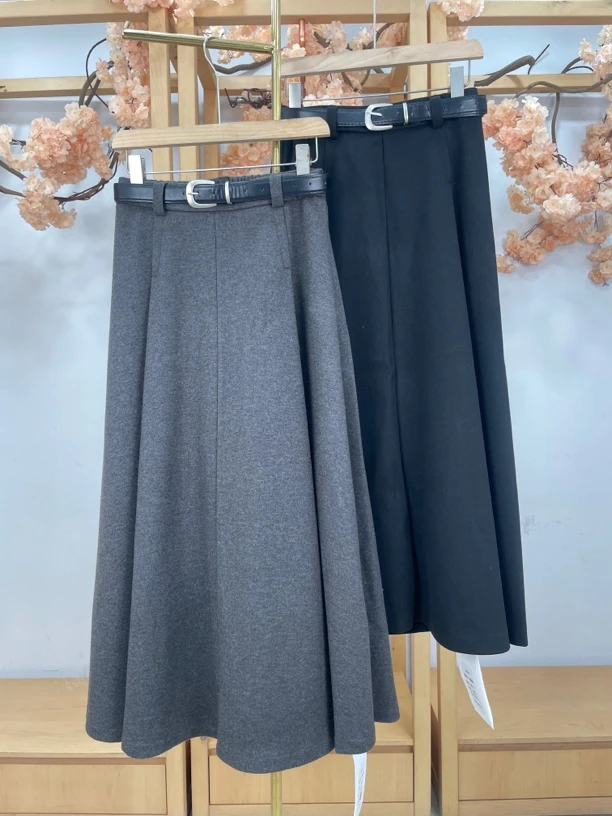 秋冬显瘦时尚气质百搭半身毛呢裙黑色遮胯松紧腰中长款半身裙6058