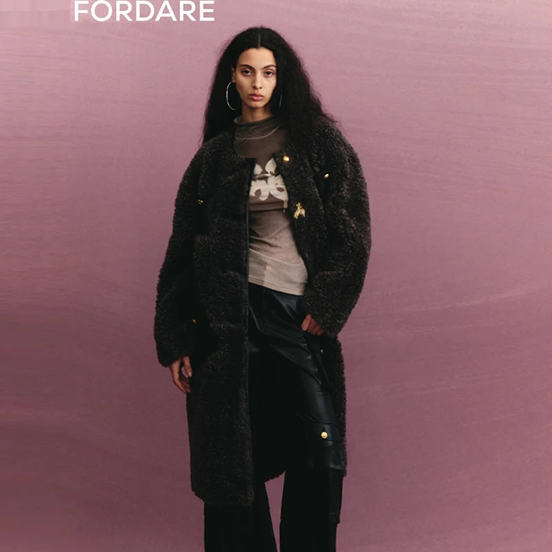 FORDARE趣味金属扣子环保毛毛大衣长款百搭上衣