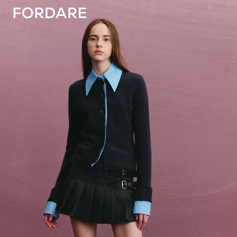 FORDARE24秋季新品短款衬衫毛衣拼接假两件打底毛衫