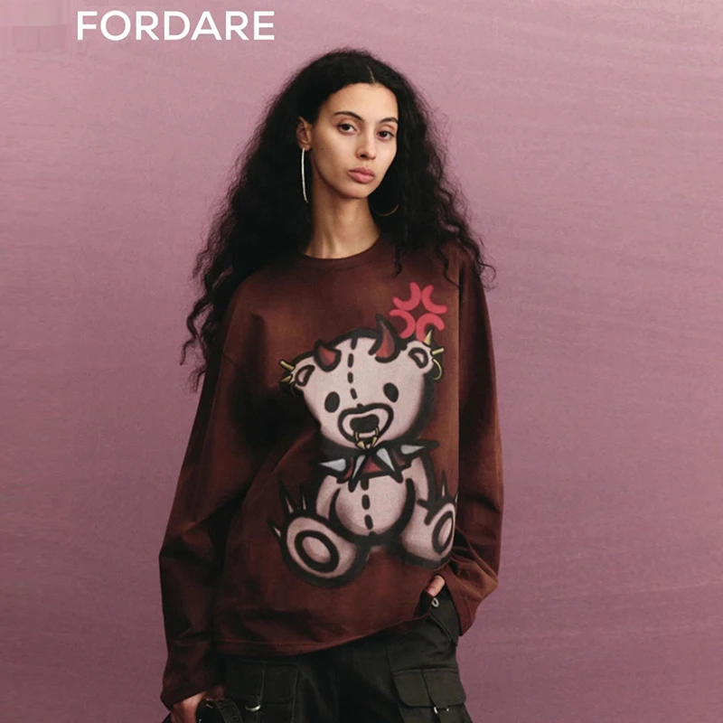 FORDARE24秋季新品恶魔小熊T恤宽松长袖
