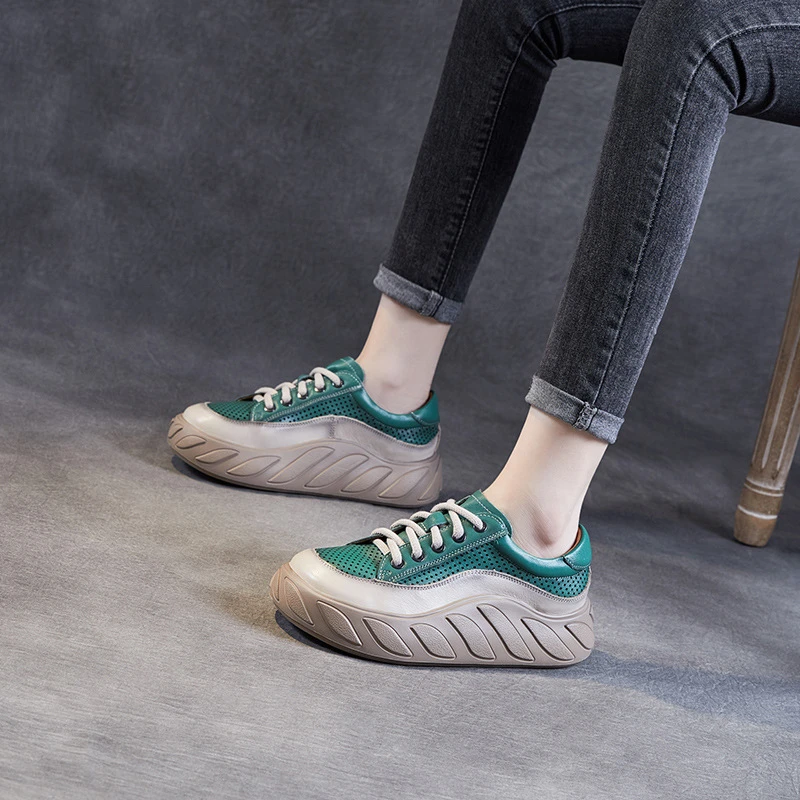 小白鞋女镂空透气厚底松糕鞋2023新款复古真皮夏季休闲板鞋老爹鞋