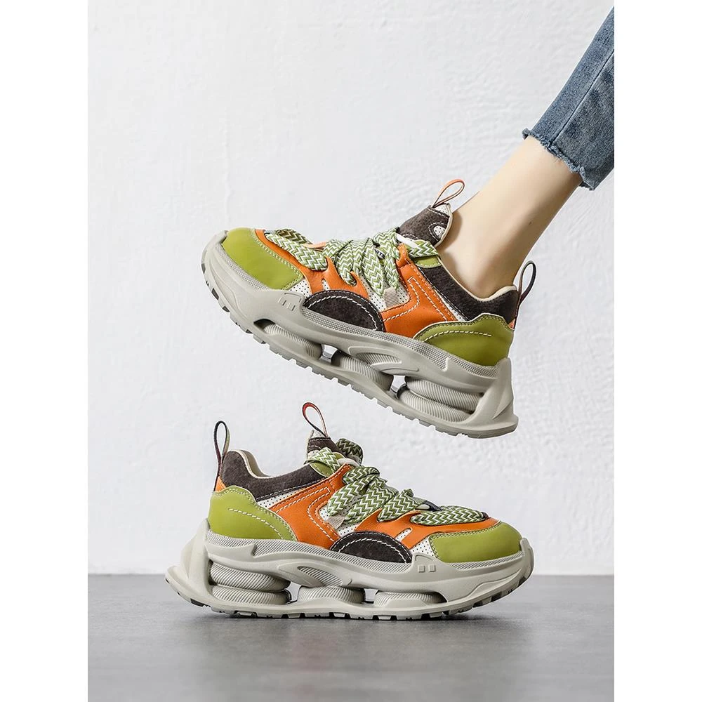 厚底彩色老爹鞋女轻便复古运动鞋2023新款女鞋夏季透气休闲鞋真皮