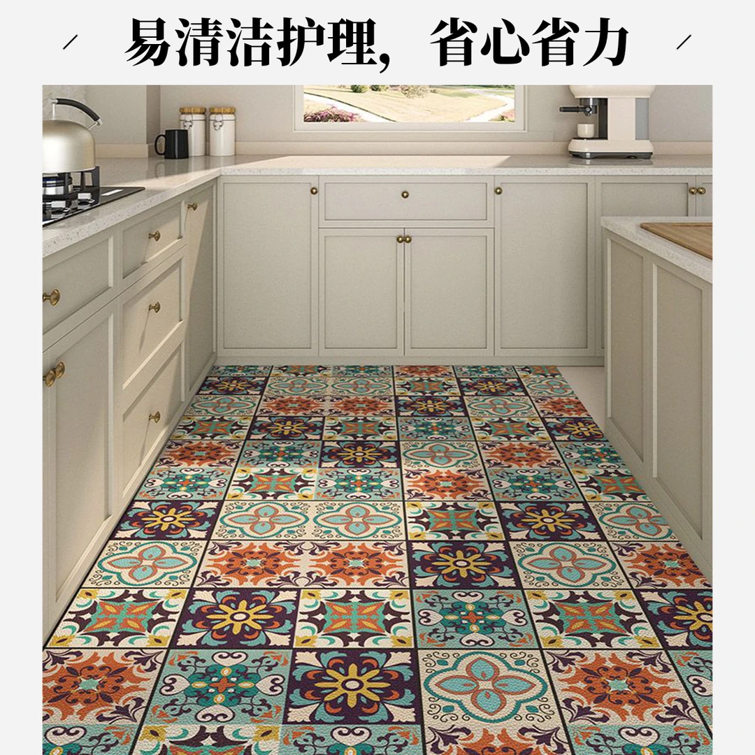 PVC简约厨房免洗可擦地垫厨房满铺防水防油脚垫耐脏耐磨防滑地垫