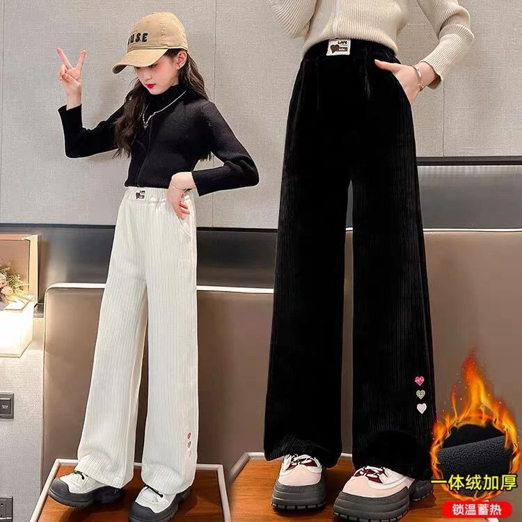 女童加绒裤子秋冬款2023新款儿童灯芯绒阔腿裤宽松直筒加厚休闲裤