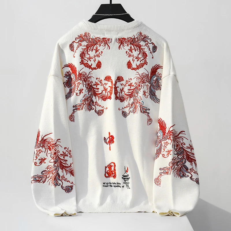 潮牌中国风凤凰刺绣红色毛衣情侣装圆领小众设计感宽松长袖针织衫