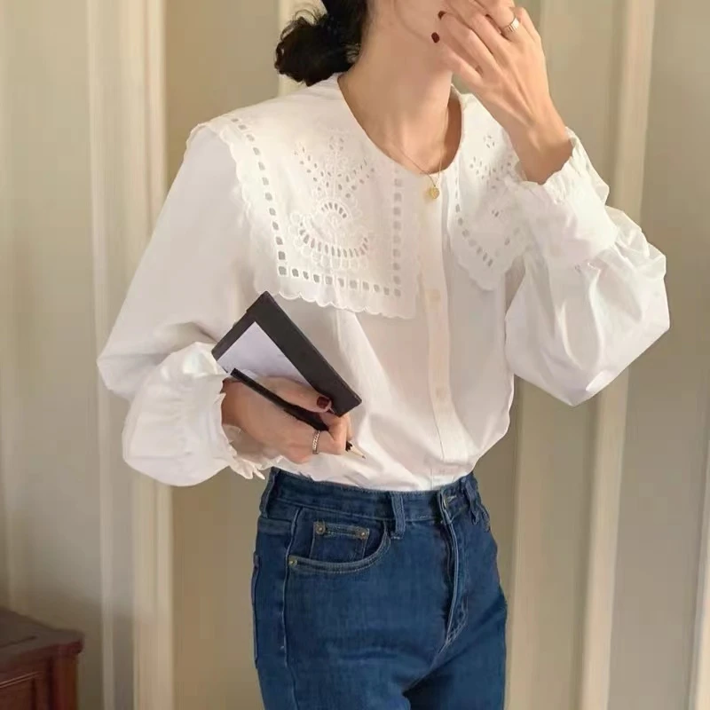 韩系翻领镂空刺绣白色衬衫春新款休闲娃娃领甜美百搭长袖上衣1635