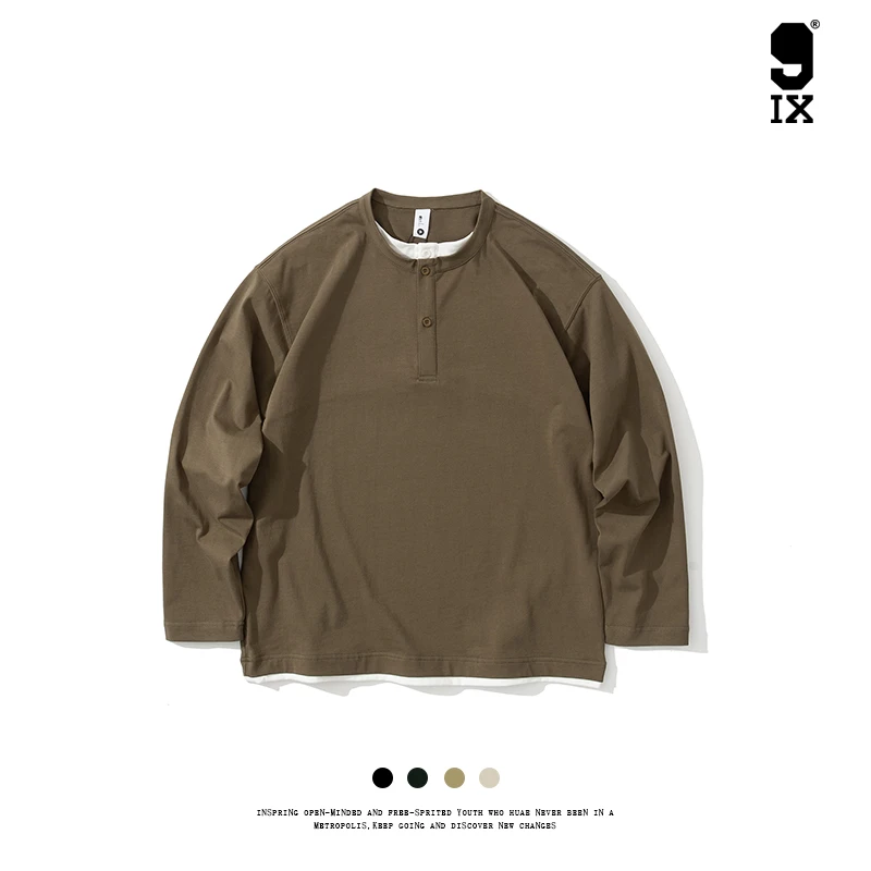 春秋美式新休闲日系圆领假双领长袖 百搭宽松简约纯色上衣 GA-595