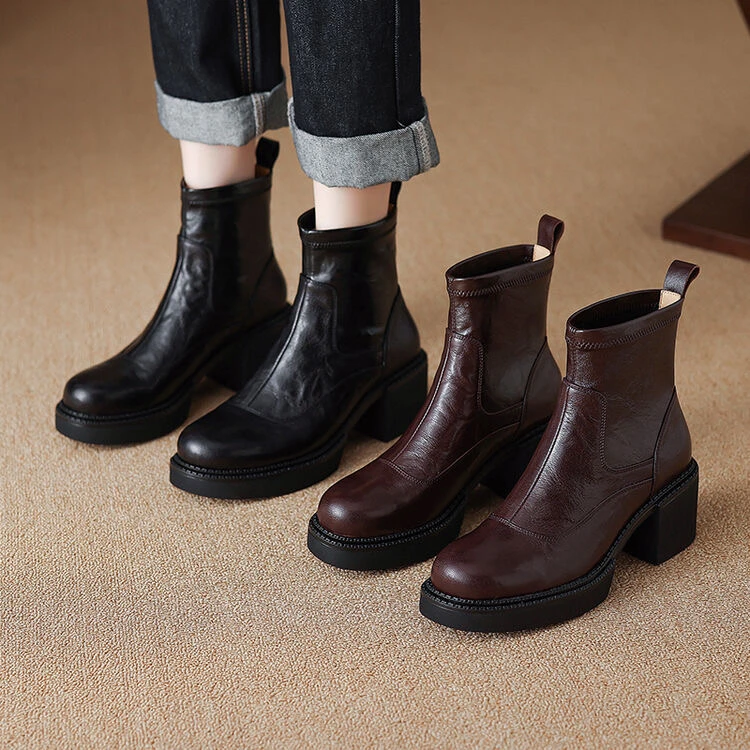 头层羊皮+弹力皮6.5cm跟专柜新款增高厚底防水台户外一脚蹬瘦瘦靴