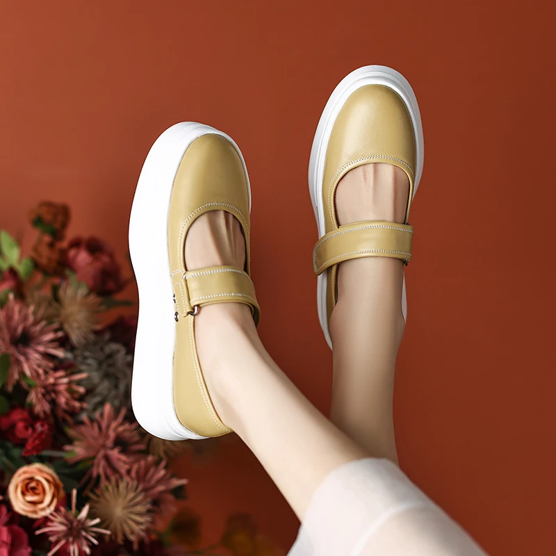 头层小牛皮6cm跟魔术贴浅口单鞋纯手工高定氢氧运动素雅小清新女