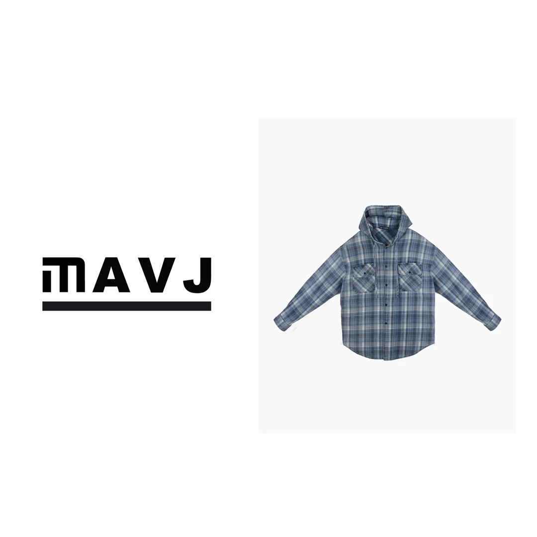 MAVJ全棉重水洗浅色蓝格连帽衬衫sy8634