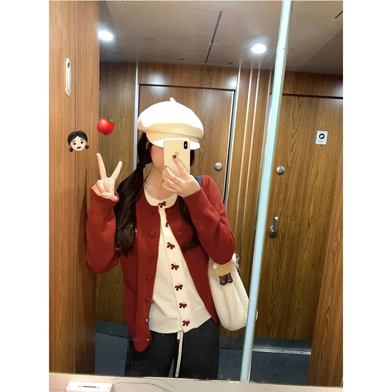 【贝蒂】少女感穿搭假两件针织开衫女秋冬季设计感蝴蝶结毛衣外套