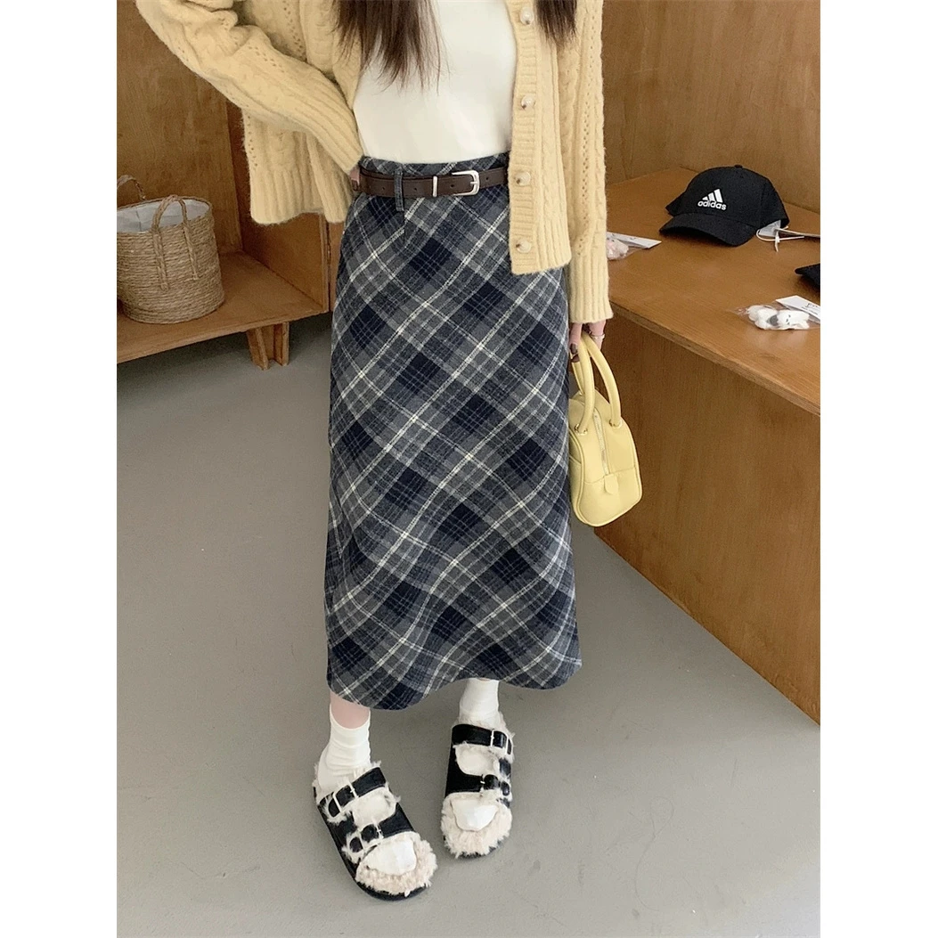 【微胖老陈】胖mm女装毛呢半身裙女2024秋冬包臀格纹中长款a字裙