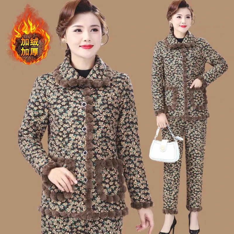 2024秋冬新款保暖修身时尚加绒棉服时尚老庄洋气冬季冬装女套装河