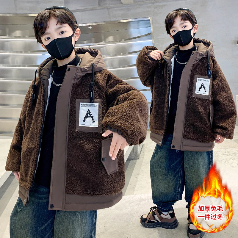 双面绒男童毛毛衣外套加绒加厚冬季儿童派克服洋气羊羔绒中大童潮