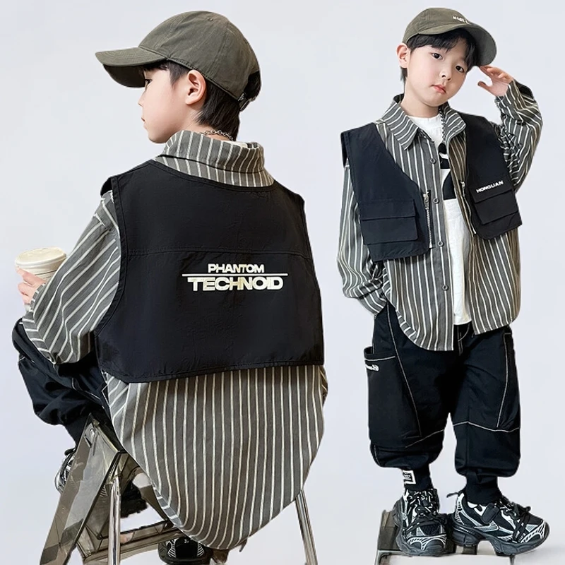 男童衬衫马甲两件套春秋款儿童洋气休闲条纹中大童衬衣秋季男孩潮