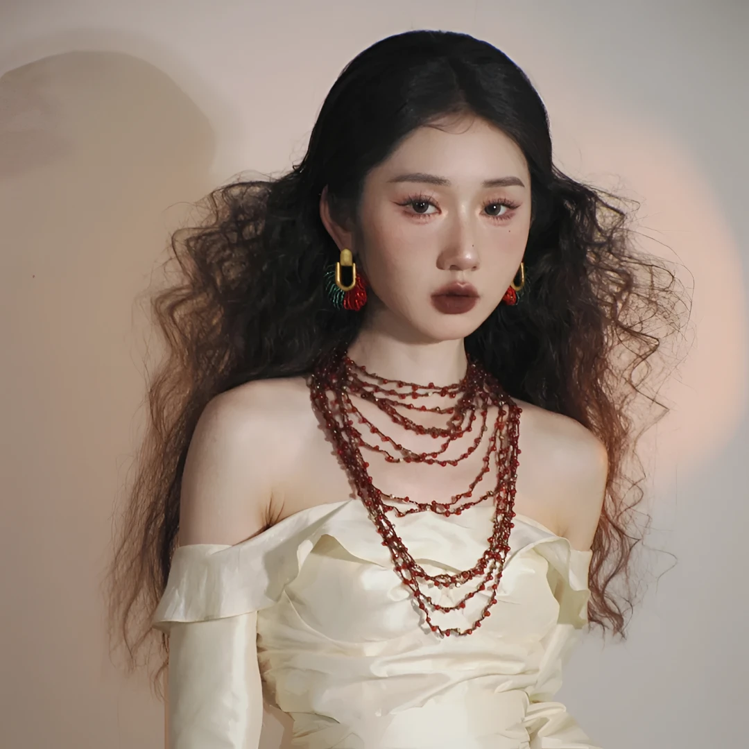 非金属仿水晶项链 废士风新娘项链红色手工编织小众耳饰晨袍头饰