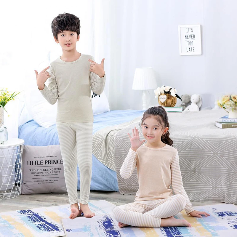 橙火儿童新疆棉条纹内衣打底套装男女童居家服秋冬中大童秋衣秋裤