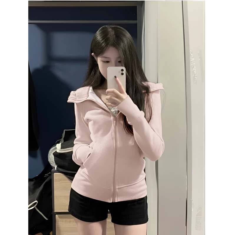 粉色修身卫衣连帽上衣早秋春秋款女外套秋季女外套休闲设计感