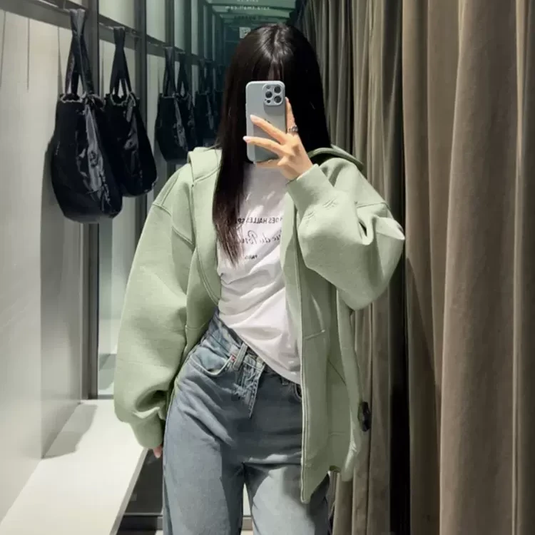 绿色bm连帽卫衣外套女薄荷曼波风薄荷绿春装韩系慵懒风厚开衫即墨