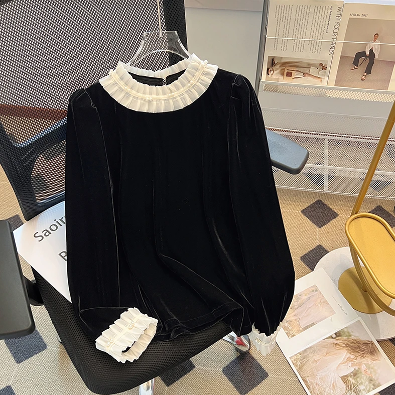 法式荷叶领撞色长袖衬衫女款2024秋冬季新款洋气显瘦小衫女士上衣