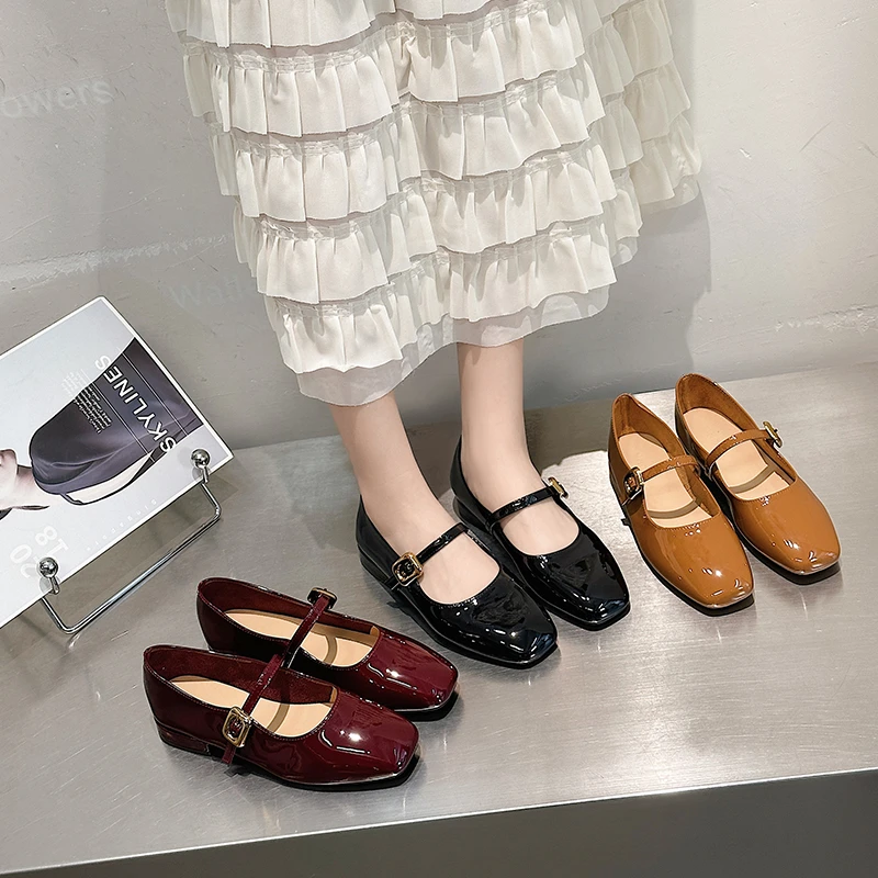 2024春季新款方头平底单鞋百搭浅口一字带玛丽珍鞋软底舒适豆豆鞋