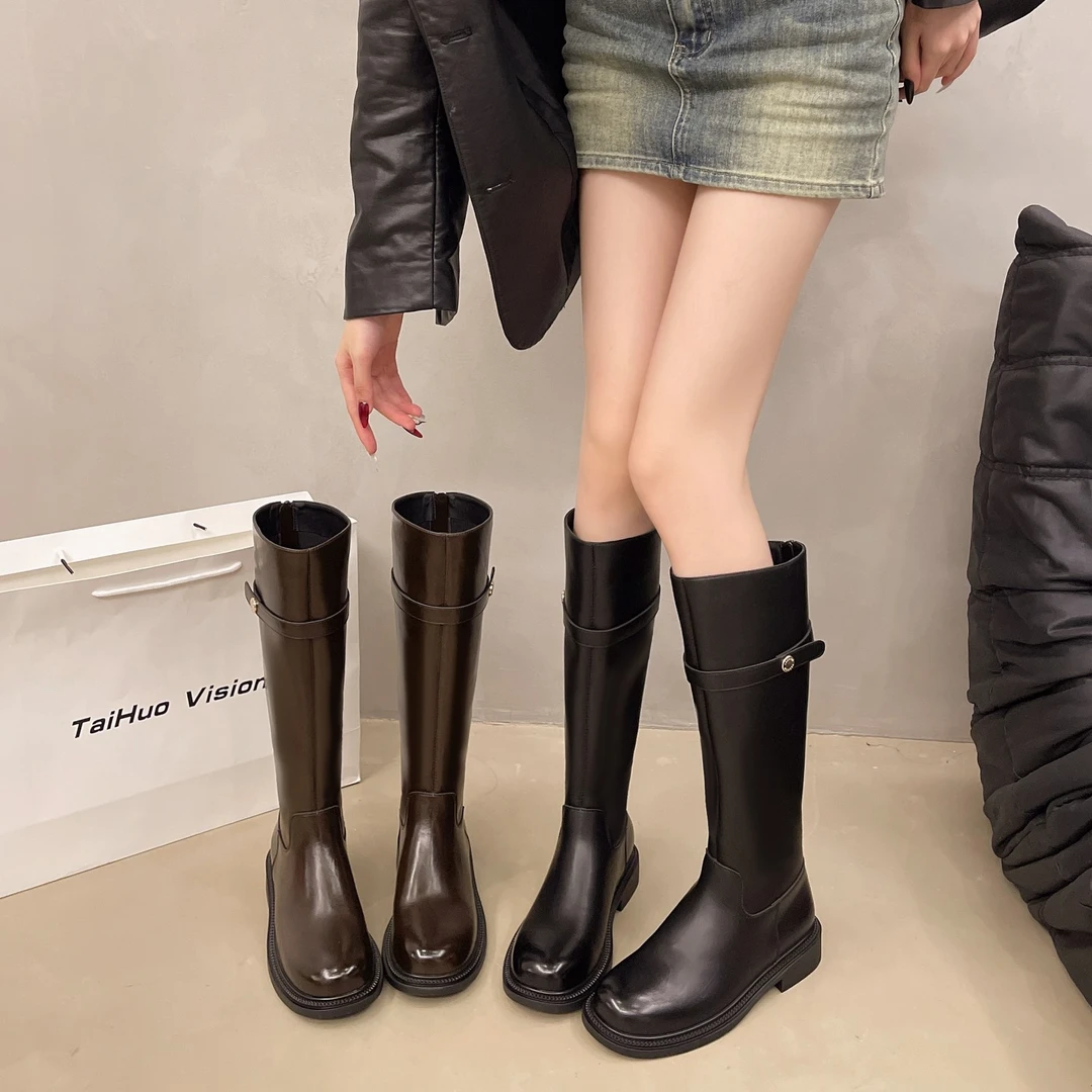 不过膝长靴女2024秋冬季新款圆头平底长筒高靴百搭骑士烟筒靴