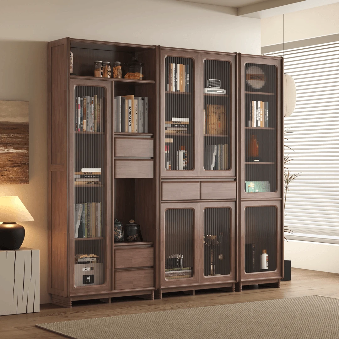 实木书柜家用客厅防尘带书柜储物柜一体收纳架一面墙书橱展示柜