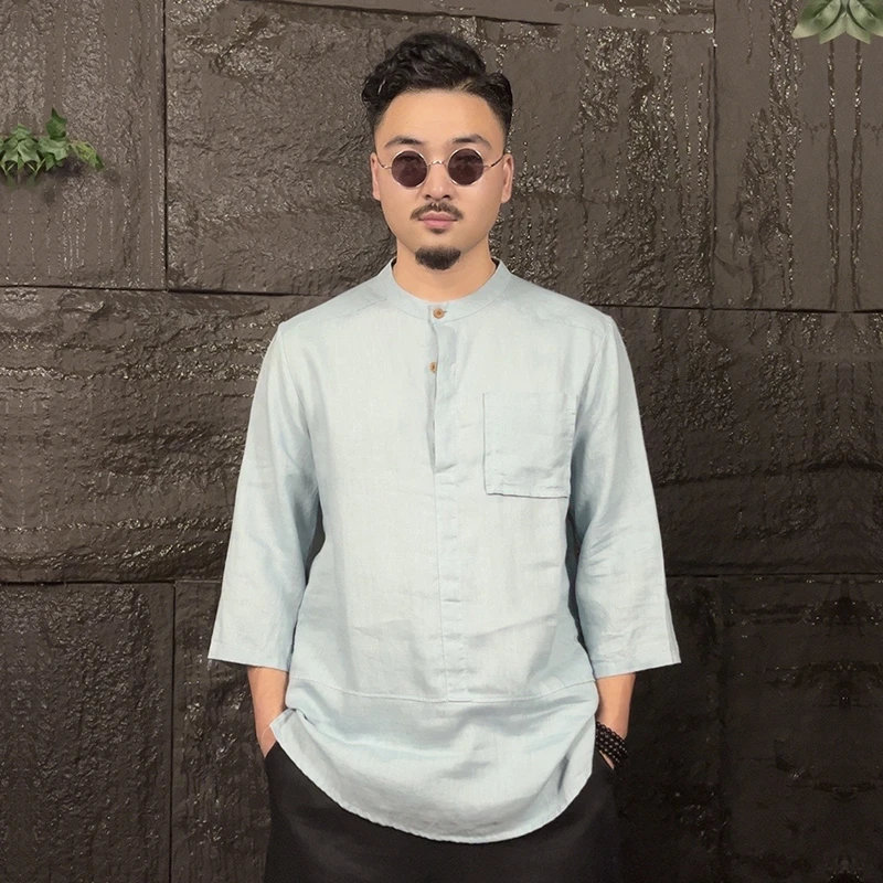 唐装男夏季宽松七分短袖衬衫盘扣中青年男圆领中式薄款中国风男装