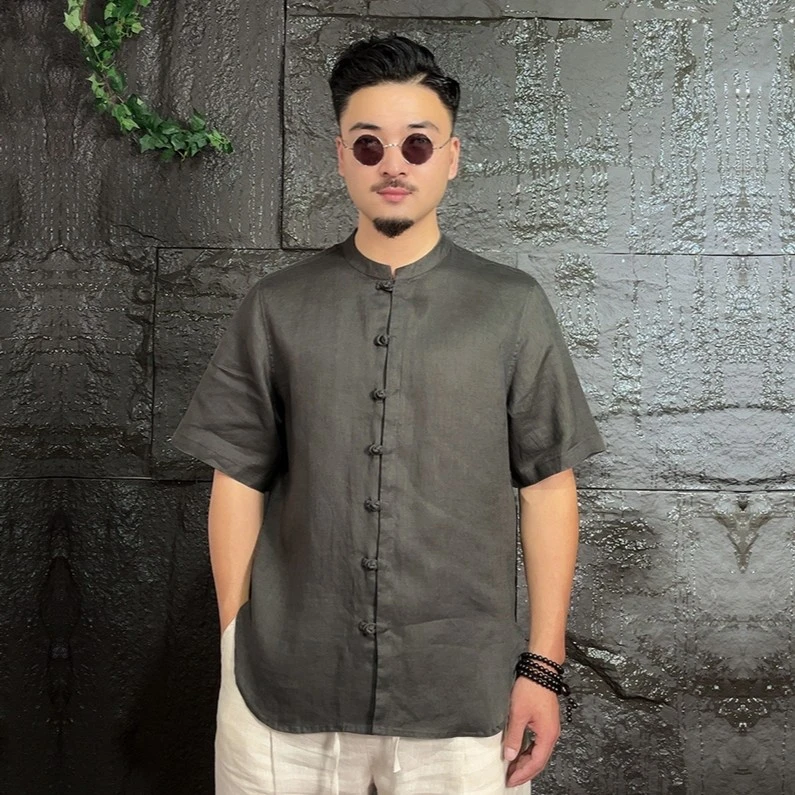 亚麻短袖衬衫男唐装男装宽松中国风青年夏季薄款亚麻休闲盘扣t恤